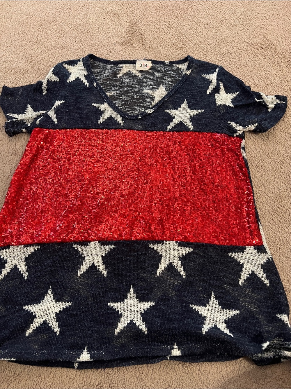 BiBi Navy & White Star Tee with Red Sequin Panel